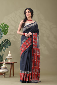 Navya Black Rust Border Cotton Saree.