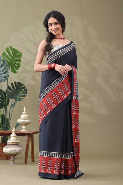 Navya Black Rust Border Cotton Saree.