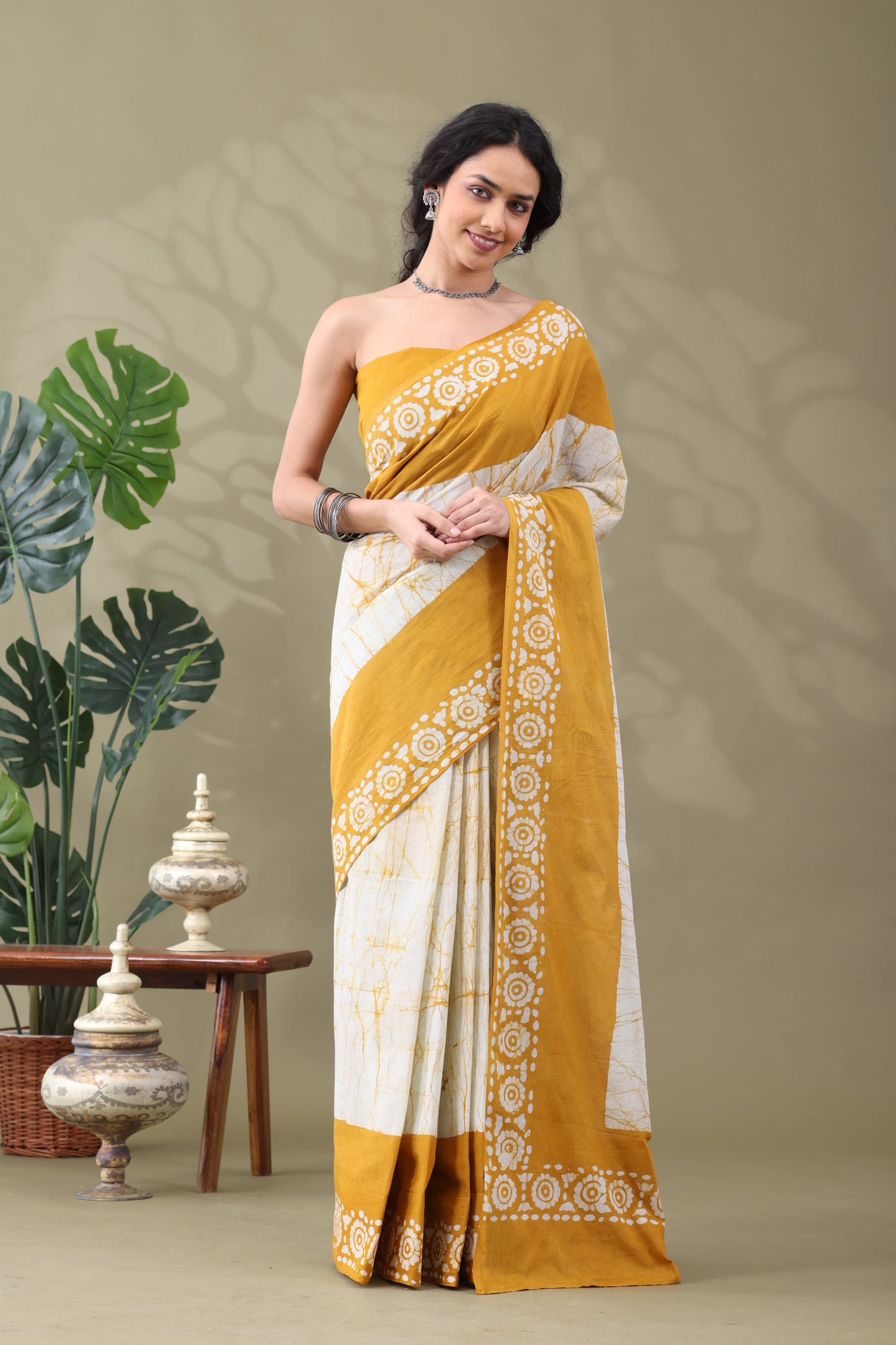 Navya Mustard Cream Batik Cotton Saree.