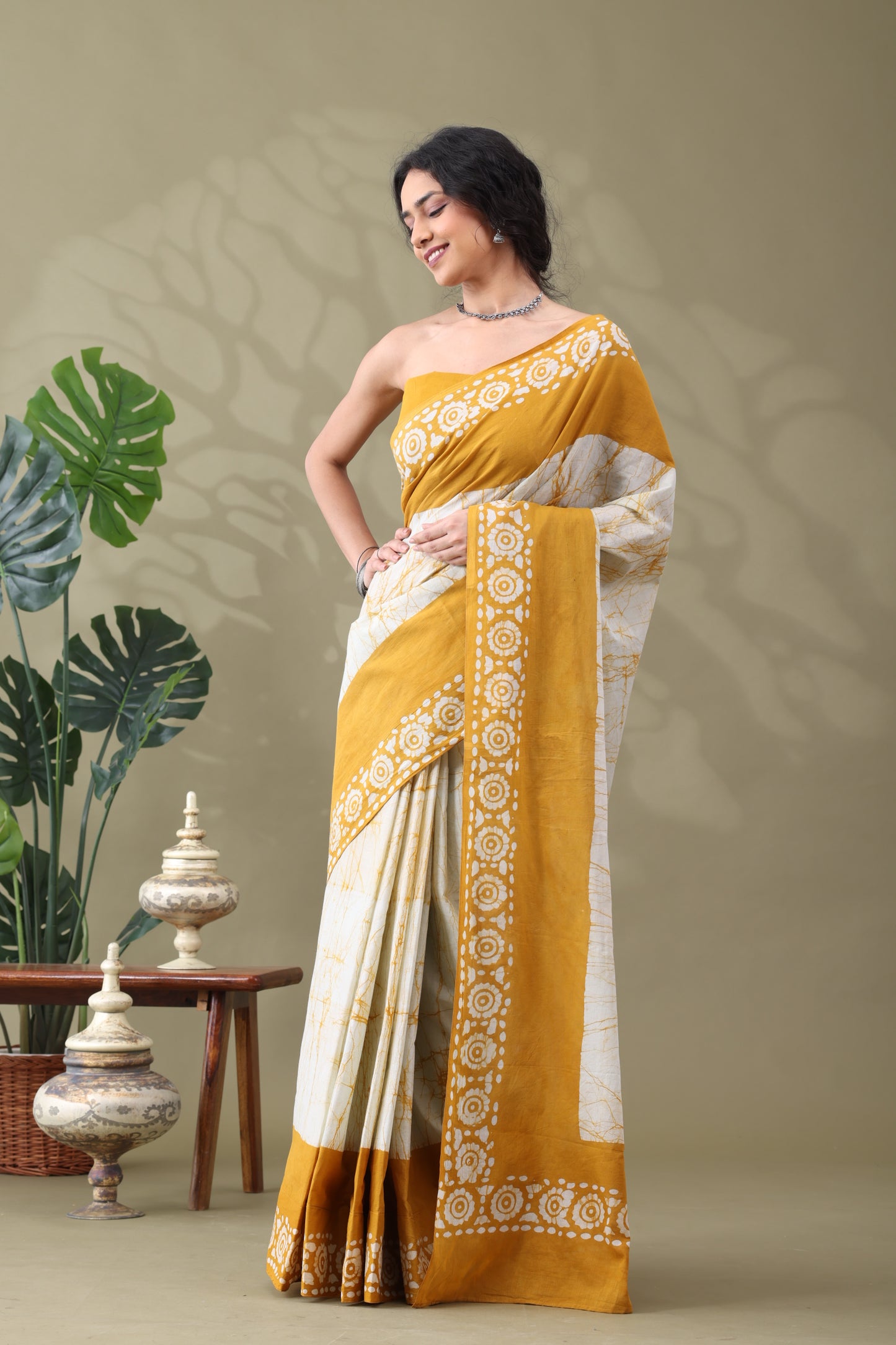 Navya Mustard Cream Batik Cotton Saree.