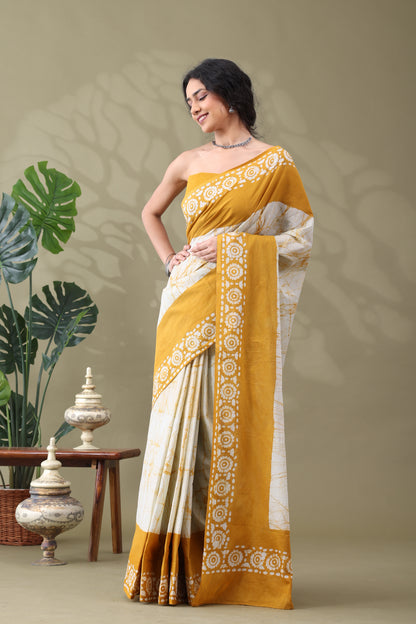 Navya Mustard Cream Batik Cotton Saree.
