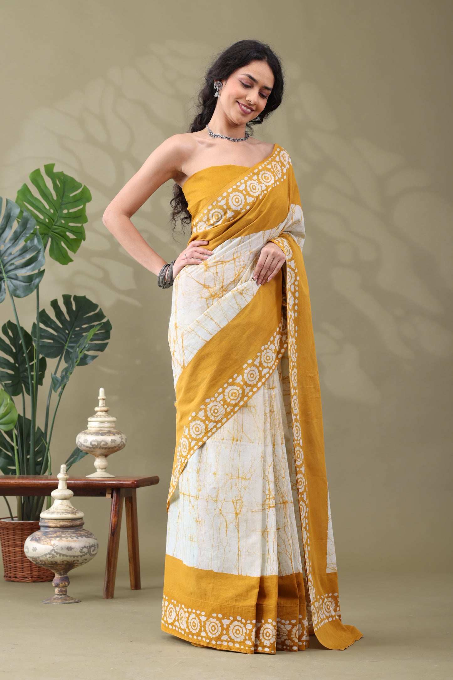 Navya Mustard Cream Batik Cotton Saree.
