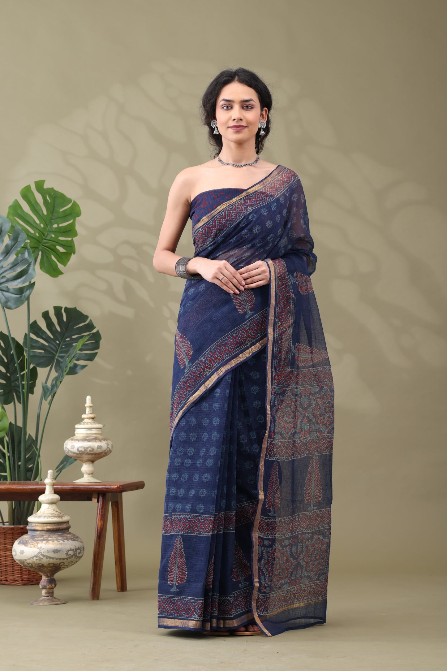 Navya Indigo Zari Border Cotton Kotta Doriya Saree.