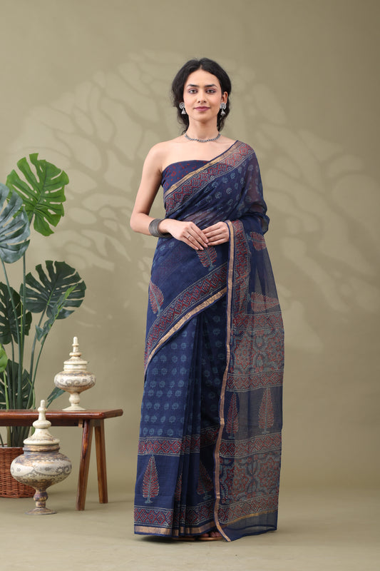 Navya Indigo Zari Border Cotton Kotta Doriya Saree.