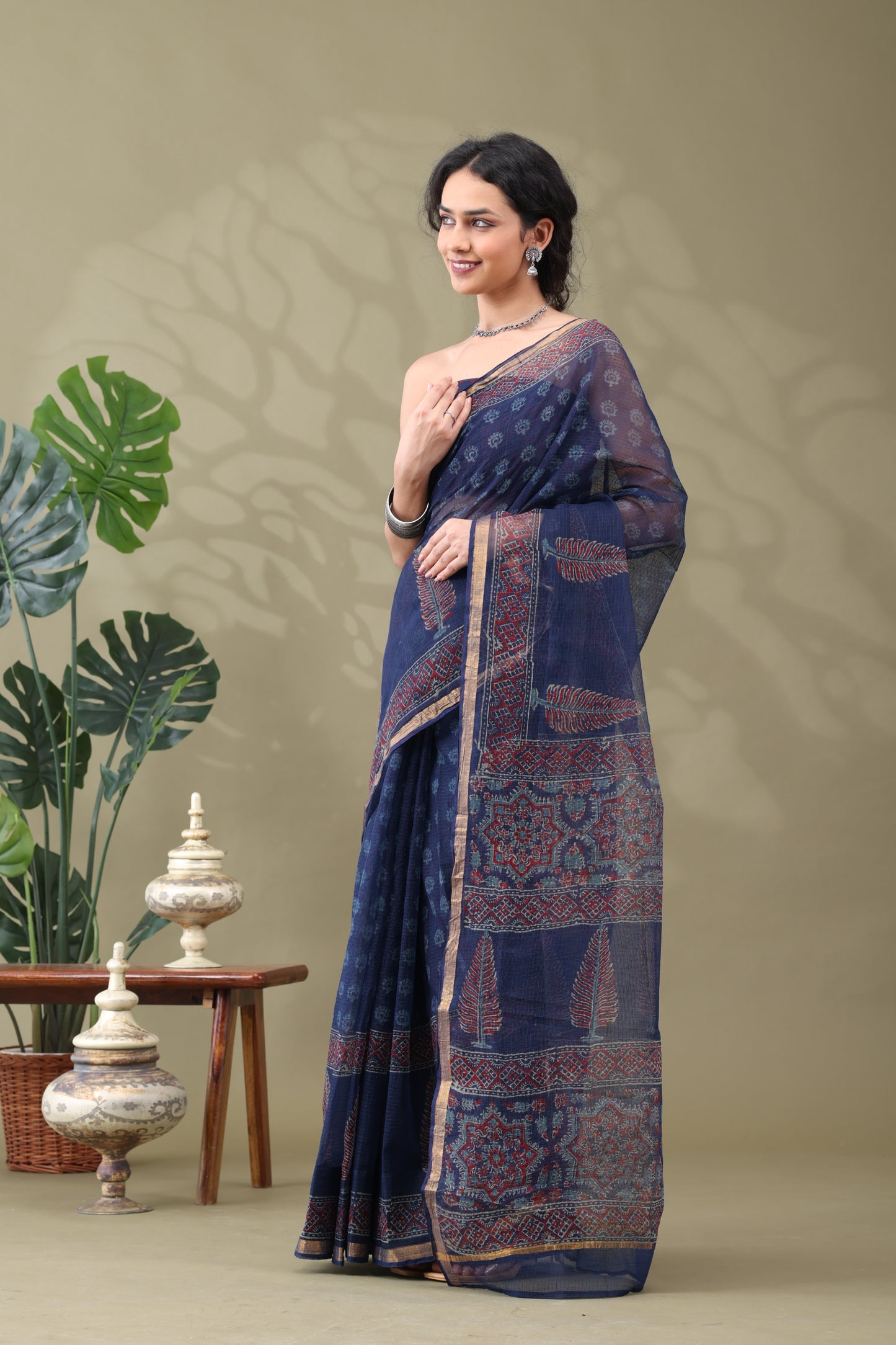 Navya Indigo Zari Border Cotton Kotta Doriya Saree.