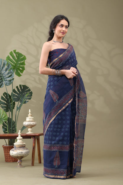 Navya Indigo Zari Border Cotton Kotta Doriya Saree.