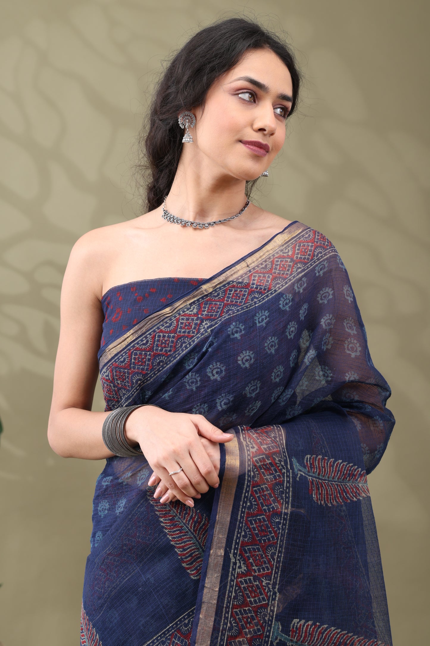 Navya Indigo Zari Border Cotton Kotta Doriya Saree.