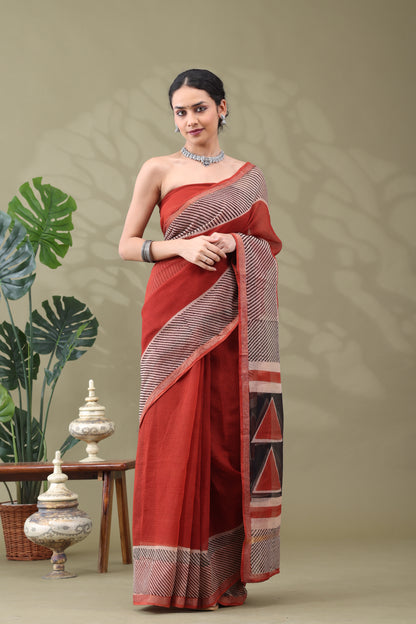 Navya Rust Striped Border Cotton Kotta Doriya Saree.