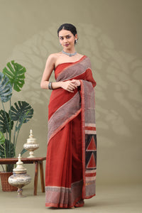 Navya Rust Striped Border Cotton Kotta Doriya Saree.