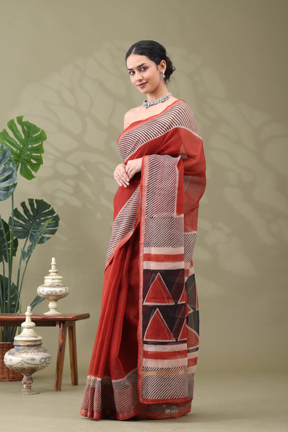 Navya Rust Striped Border Cotton Kotta Doriya Saree.