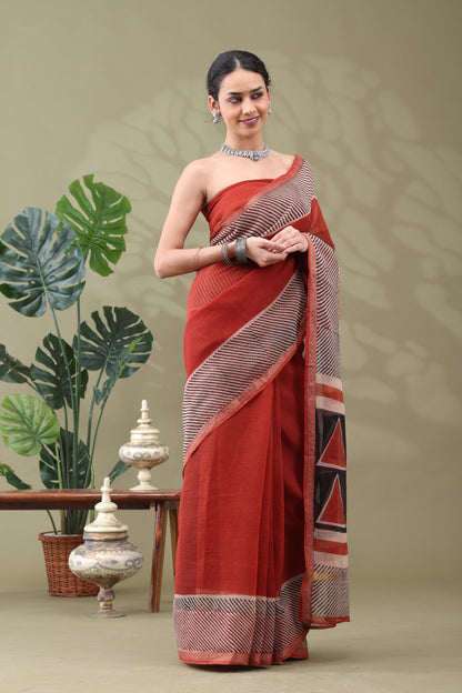 Navya Rust Striped Border Cotton Kotta Doriya Saree.