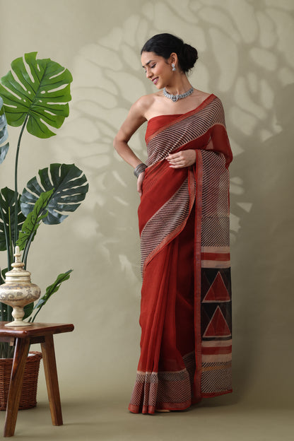 Navya Rust Striped Border Cotton Kotta Doriya Saree.