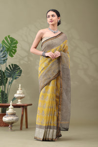 Navya Yellow Paisley check Border Cotton Kotta Doriya Saree.