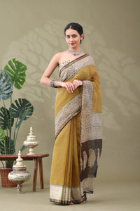 Navya Gold Yellow Geometric Border Cotton Kotta Doriya Saree.