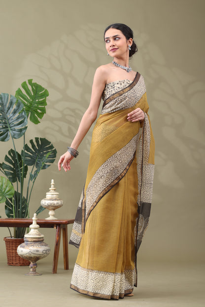 Navya Gold Yellow Geometric Border Cotton Kotta Doriya Saree.