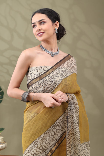 Navya Gold Yellow Geometric Border Cotton Kotta Doriya Saree.