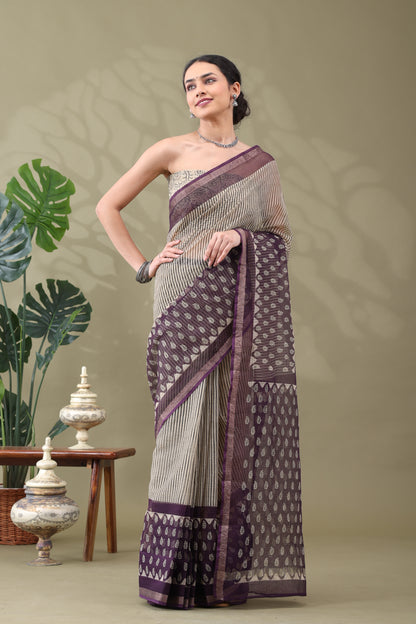 Navya Striped Mauve leaf Border Cotton Kotta Doriya Saree.