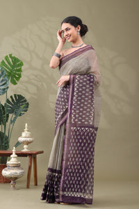 Navya Striped Mauve leaf Border Cotton Kotta Doriya Saree.