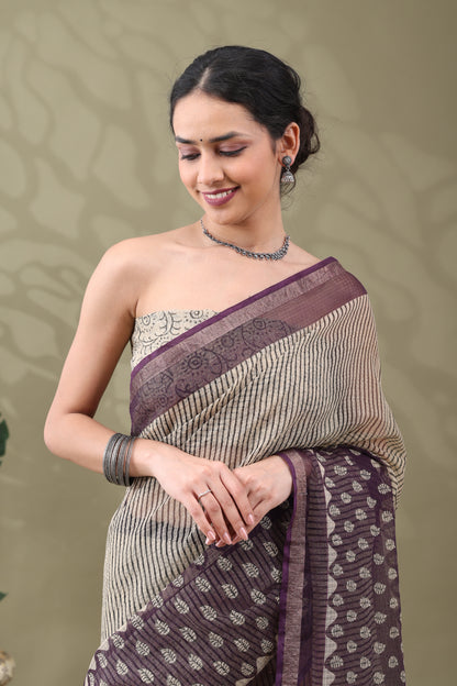 Navya Striped Mauve leaf Border Cotton Kotta Doriya Saree.