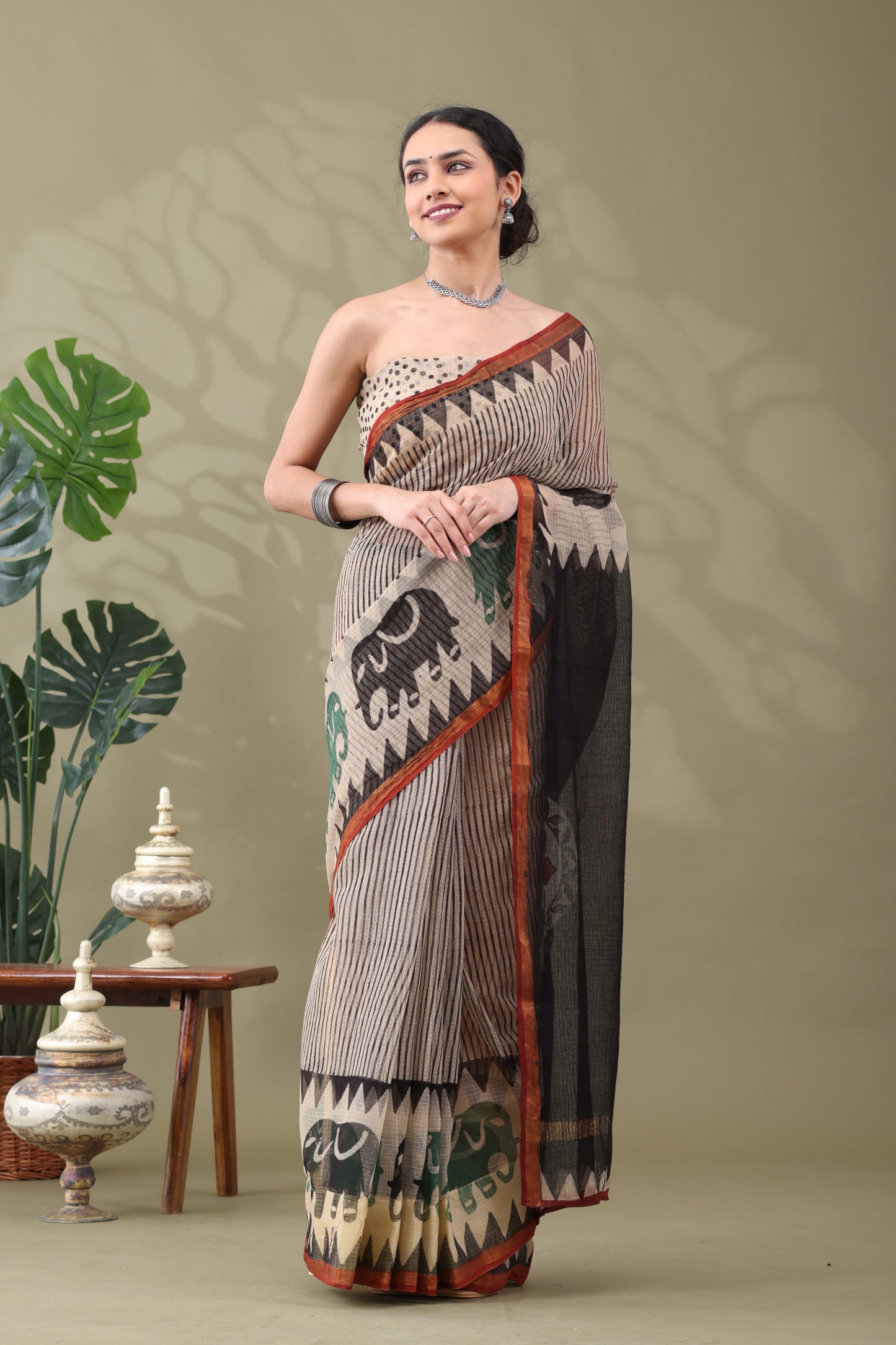 Navya Beige striped Elephant Border Cotton Kotta Doriya Saree.