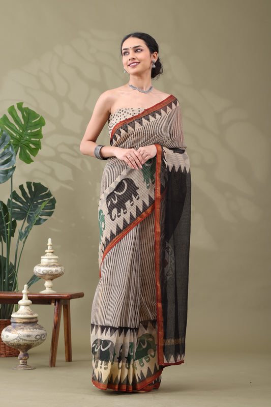 Navya Beige striped Elephant Border Cotton Kotta Doriya Saree.