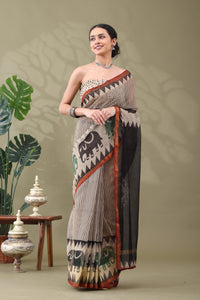 Navya Beige striped Elephant Border Cotton Kotta Doriya Saree.