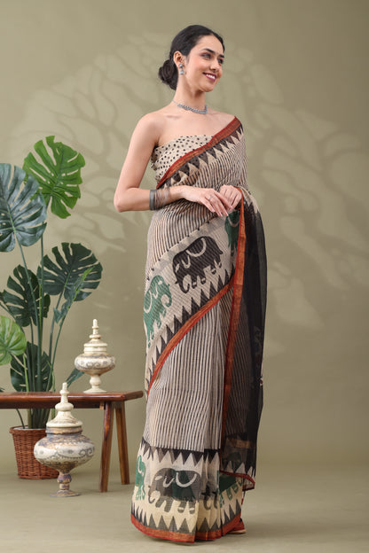 Navya Beige striped Elephant Border Cotton Kotta Doriya Saree.