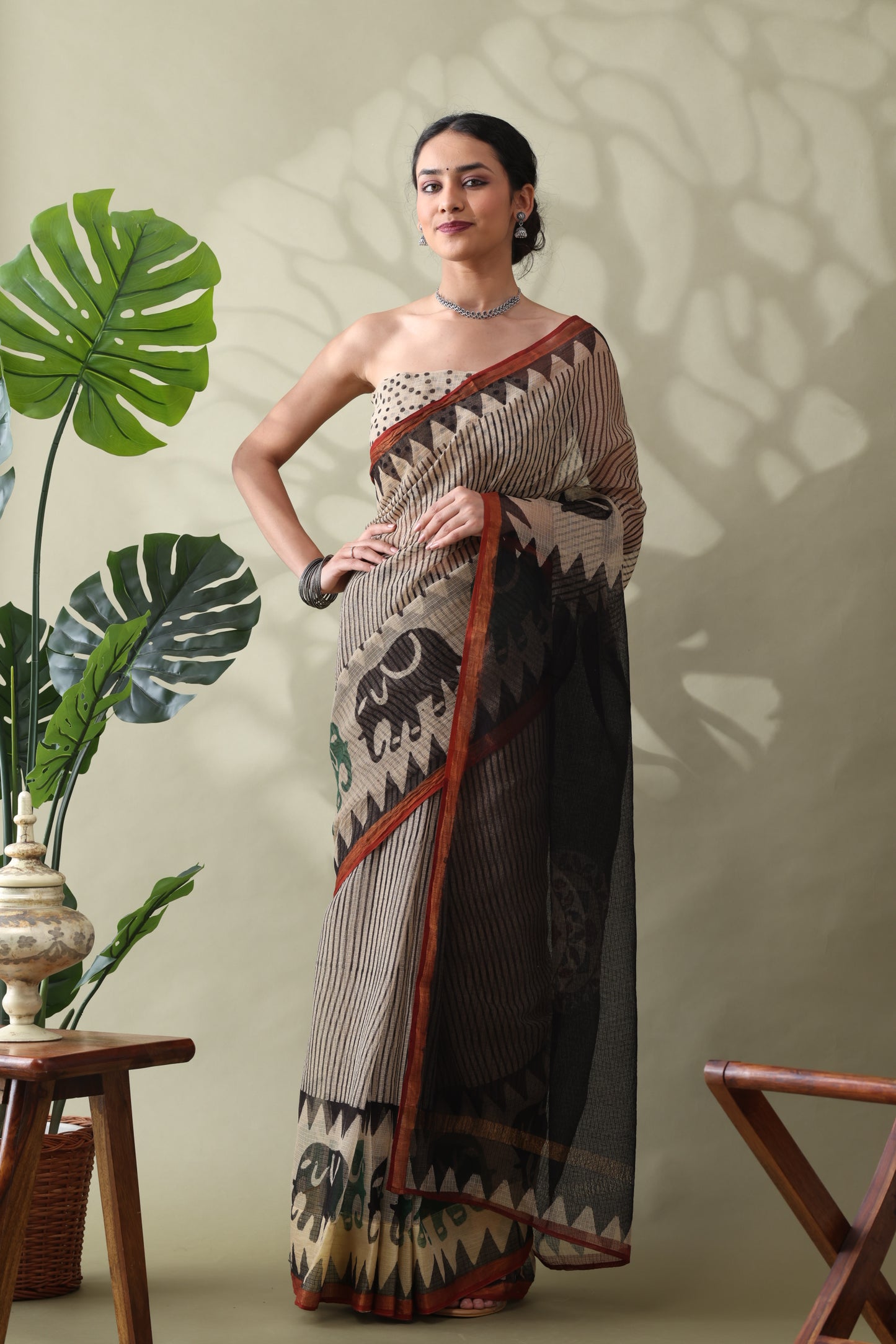 Navya Beige striped Elephant Border Cotton Kotta Doriya Saree.