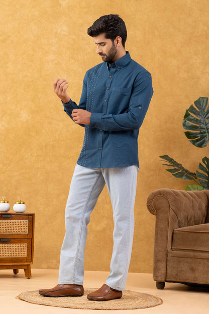 Navrang Men's Teal Linen Slim Fit Shirt – Sizes XS to 6XL
