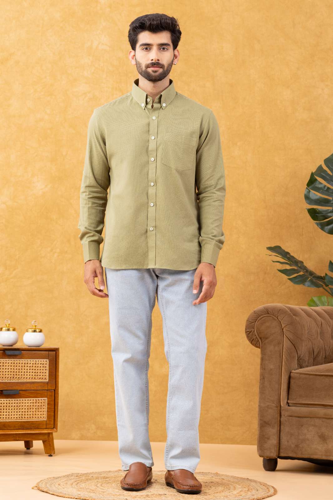 Navrang Men's Sage Green Linen Slim Fit Shirt – Sizes XS to 6XL