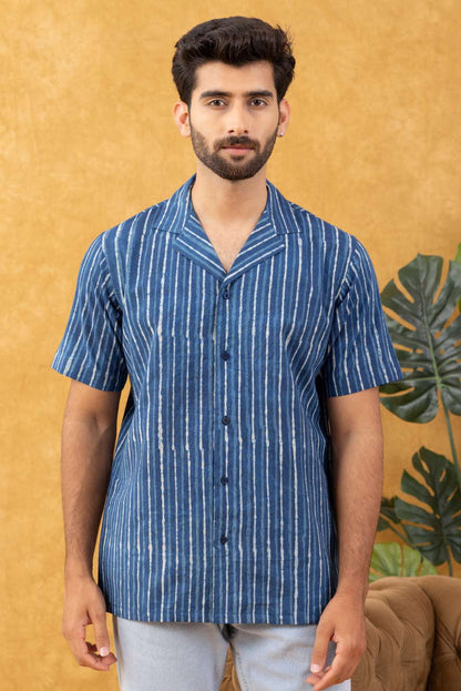 Navrang Men's Indigo Dabu Hand Block Striped Cotton Shirt – Sizes XS to 6XL