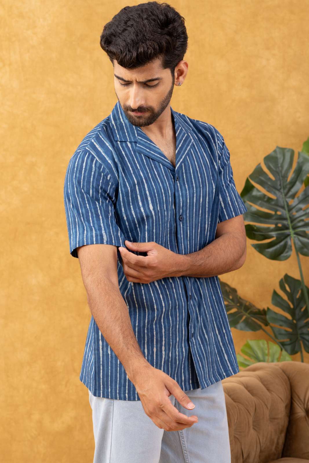 Navrang Men's Indigo Dabu Hand Block Striped Cotton Shirt – Sizes XS to 6XL