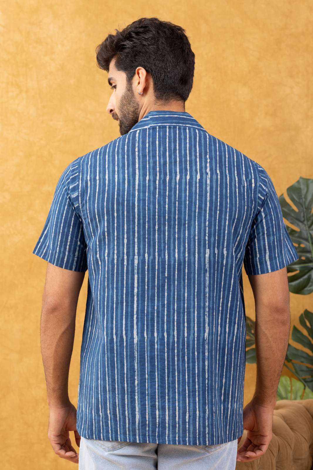 Navrang Men's Indigo Dabu Hand Block Striped Cotton Shirt – Sizes XS to 6XL
