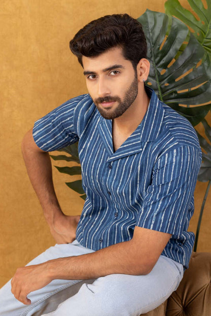 Navrang Men's Indigo Dabu Hand Block Striped Cotton Shirt – Sizes XS to 6XL
