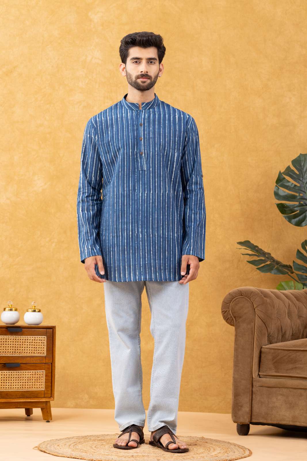 Navrang Men's Dabu Hand Block Printed Cotton Short Kurta – Sizes XS to 6XL
