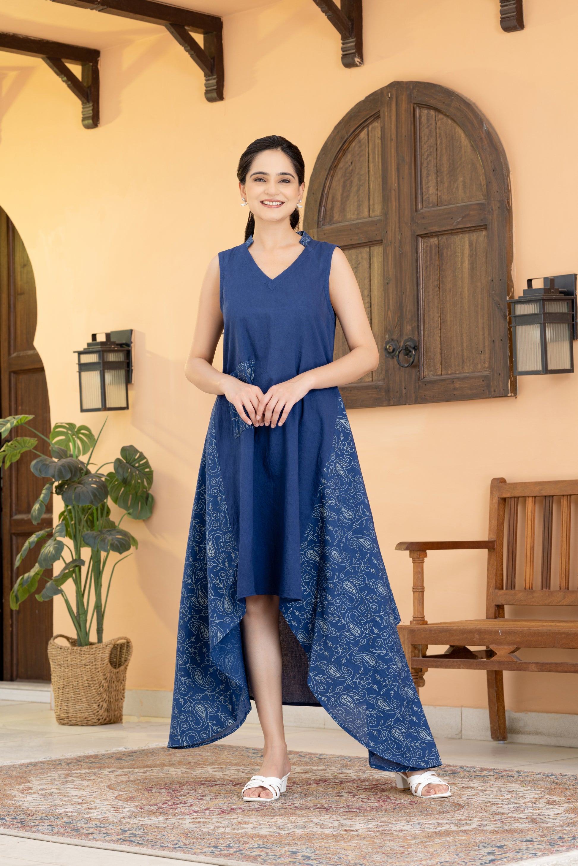 Indigo Sleeveless Cambric Cotton Dress with Asymmetrical Hem | Handikart Handikart Online Sales Private Limited Indigo Sleeveless Cambric Cotton Dress with Asymmetrical Hem | Handikart Handikart Online Sales Private Limited