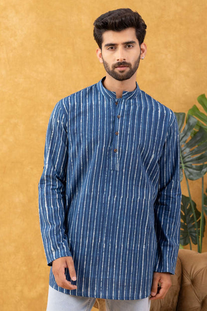 Navrang Men's Dabu Hand Block Printed Cotton Short Kurta – Sizes XS to 6XL