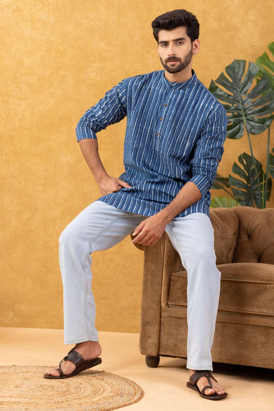 Navrang Men's Dabu Hand Block Printed Cotton Short Kurta – Sizes XS to 6XL