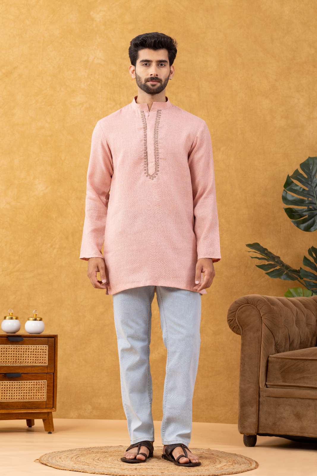 Navrang Men's Peach Pure Cotton Short Kurta – Sizes XS to 6XL