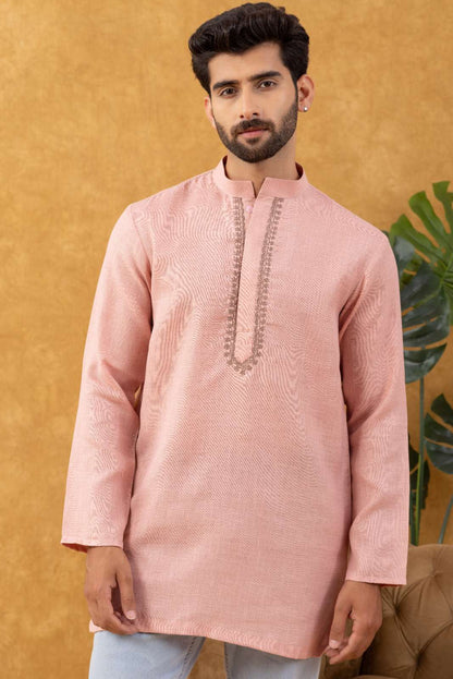 Navrang Men's Peach Pure Cotton Short Kurta – Sizes XS to 6XL
