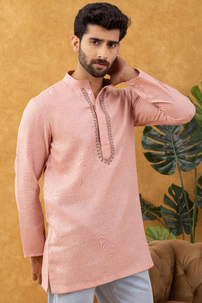 Navrang Men's Peach Pure Cotton Short Kurta – Sizes XS to 6XL