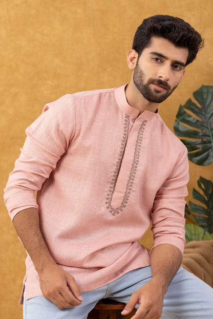Navrang Men's Peach Pure Cotton Short Kurta – Sizes XS to 6XL