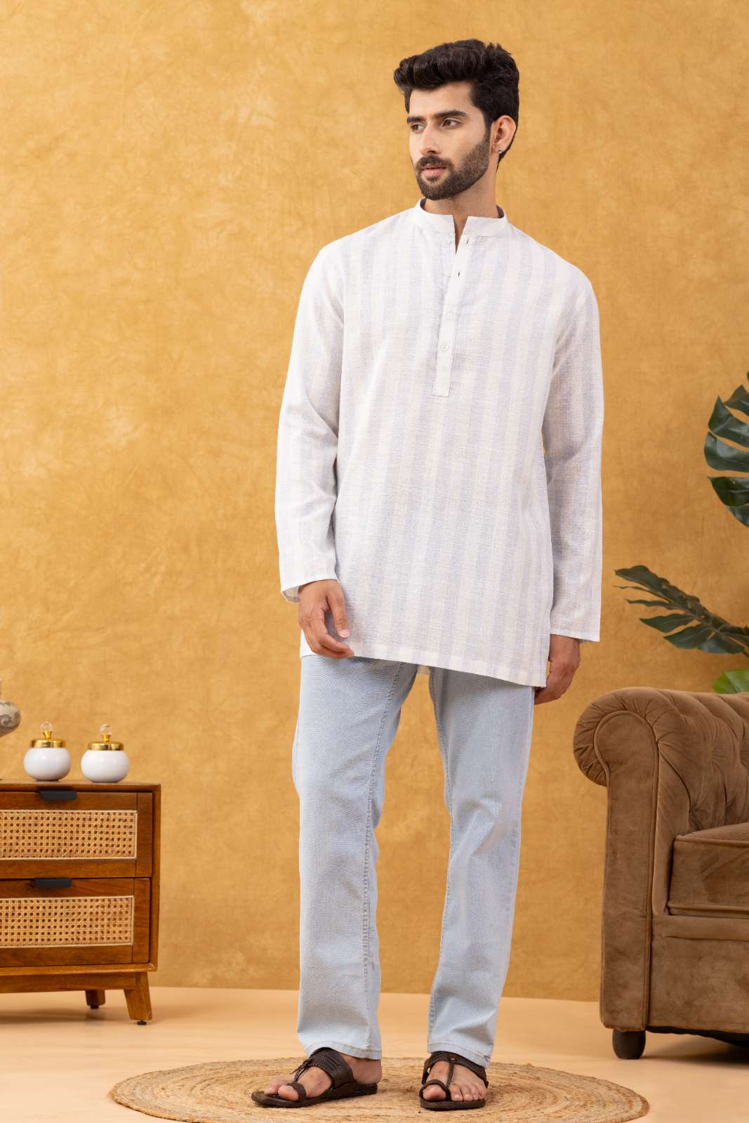 Navrang Men's White Striped Cotton Short Kurta – Sizes XS to 6XL