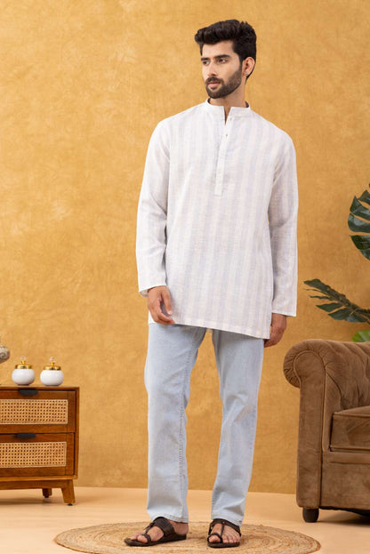 Navrang Men's White Striped Cotton Short Kurta – Sizes XS to 6XL