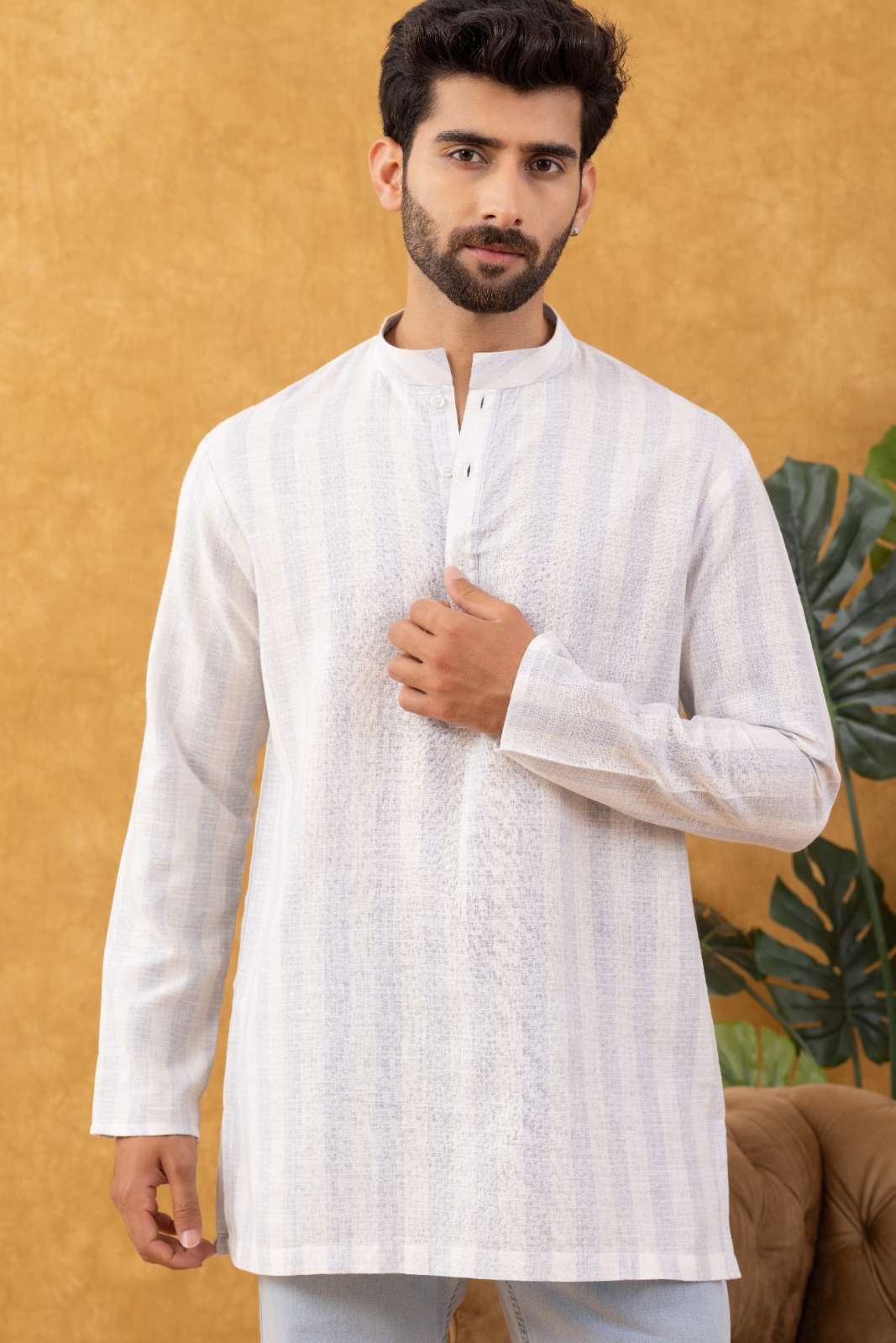 Navrang Men's White Striped Cotton Short Kurta – Sizes XS to 6XL