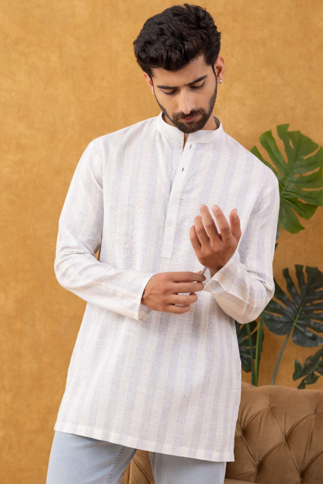 Navrang Men's White Striped Cotton Short Kurta – Sizes XS to 6XL
