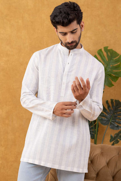 Navrang Men's White Striped Cotton Short Kurta – Sizes XS to 6XL
