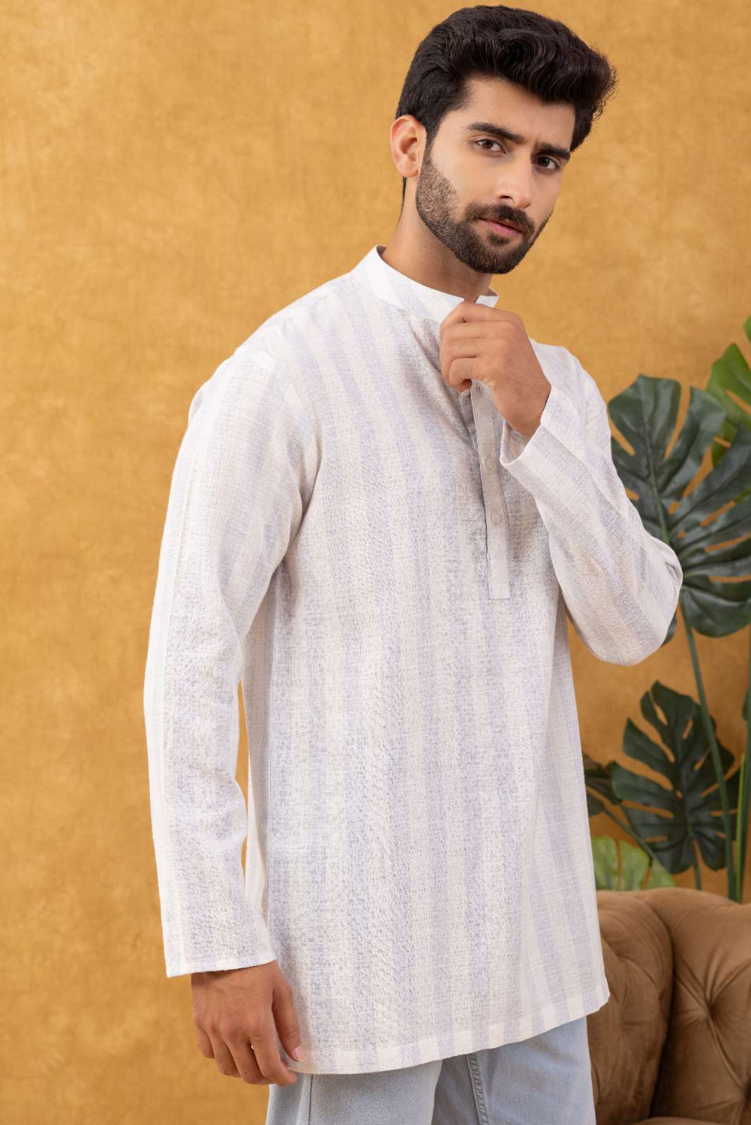 Navrang Men's White Striped Cotton Short Kurta – Sizes XS to 6XL