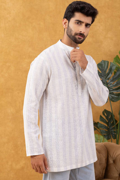 Navrang Men's White Striped Cotton Short Kurta – Sizes XS to 6XL