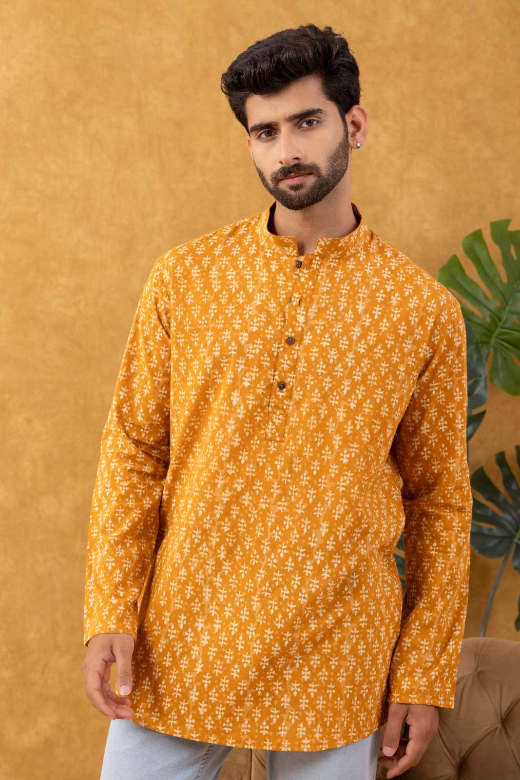 Navrang Men's Mustard Block Print Cotton Short Kurta – Sizes XS to 6XL